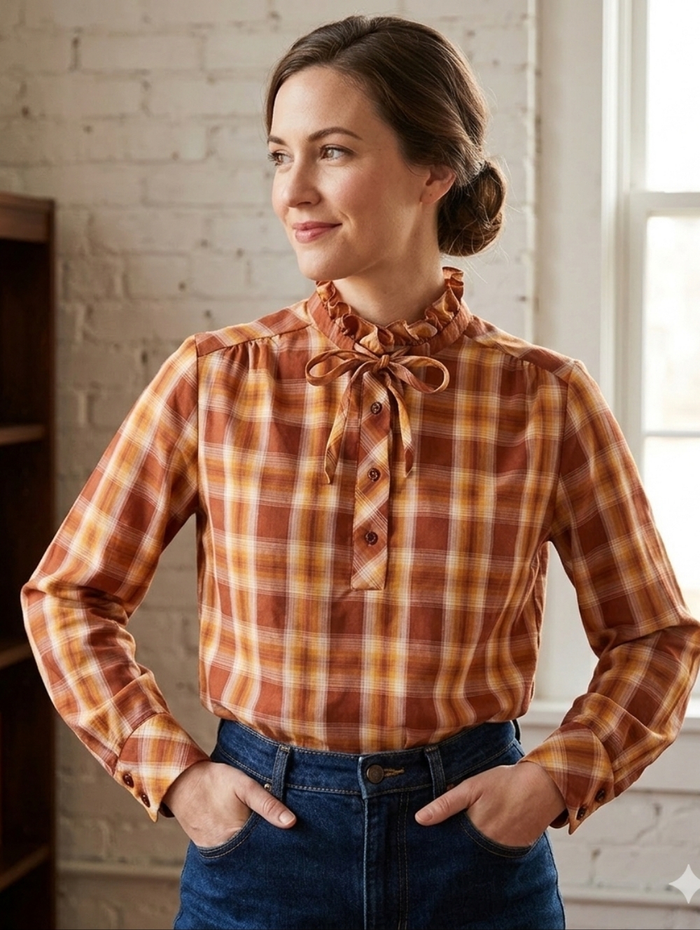 Vintage Lady Caribou Brand Blouse Top Red-Orange Plaid Size 38-USA Size 8-M